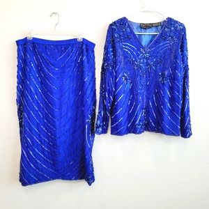 Royal Feeling Blue Silk Sequin Skirt Set Vintage Piece Size Medium